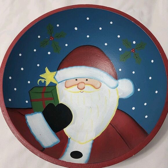 Wooden Hand Painted Christmas Holiday Santa Decorative Bowl 12” Folk Art VTG - Picture 1 of 10